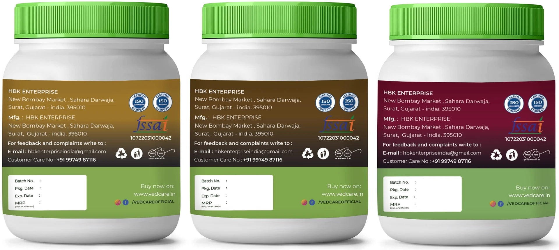 Three containers of a supplement brand with green lids and labels.