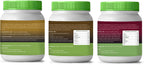 Three containers of a supplement with green lids and visible labels.