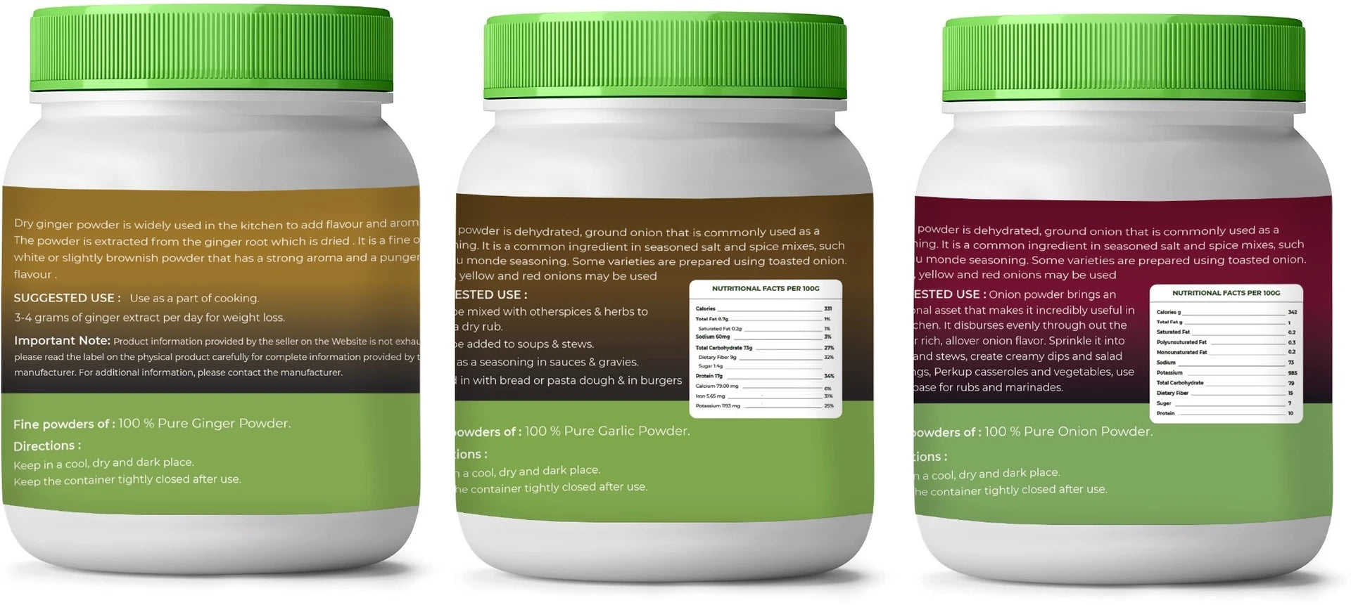 Three containers of a supplement with green lids and visible labels.
