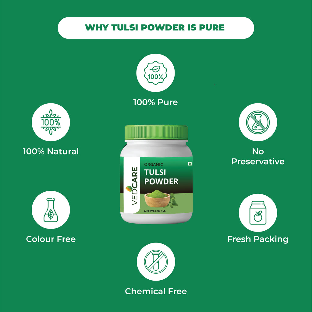 Vedicare Tulsi Powder jar with purity features on a green background