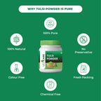 Vedicare Tulsi Powder jar with purity features on a green background