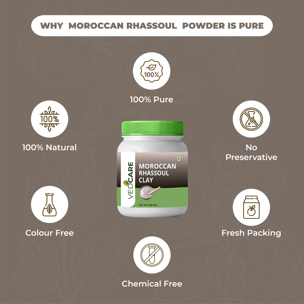 Vedacare Moroccan Rhassoul Clay jar with purity features on a brown background