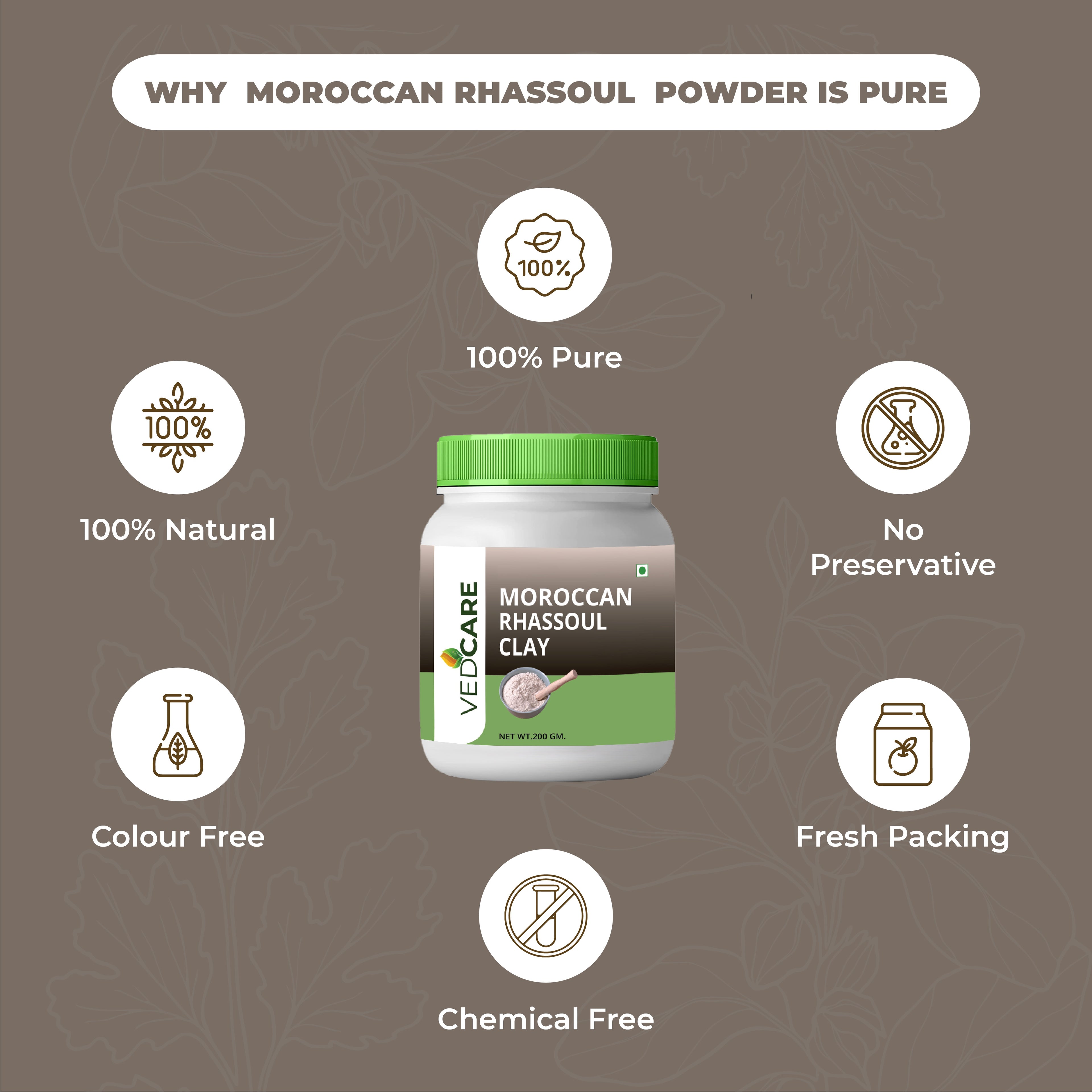 Vedacare Moroccan Rhassoul Clay jar with purity features on a brown background