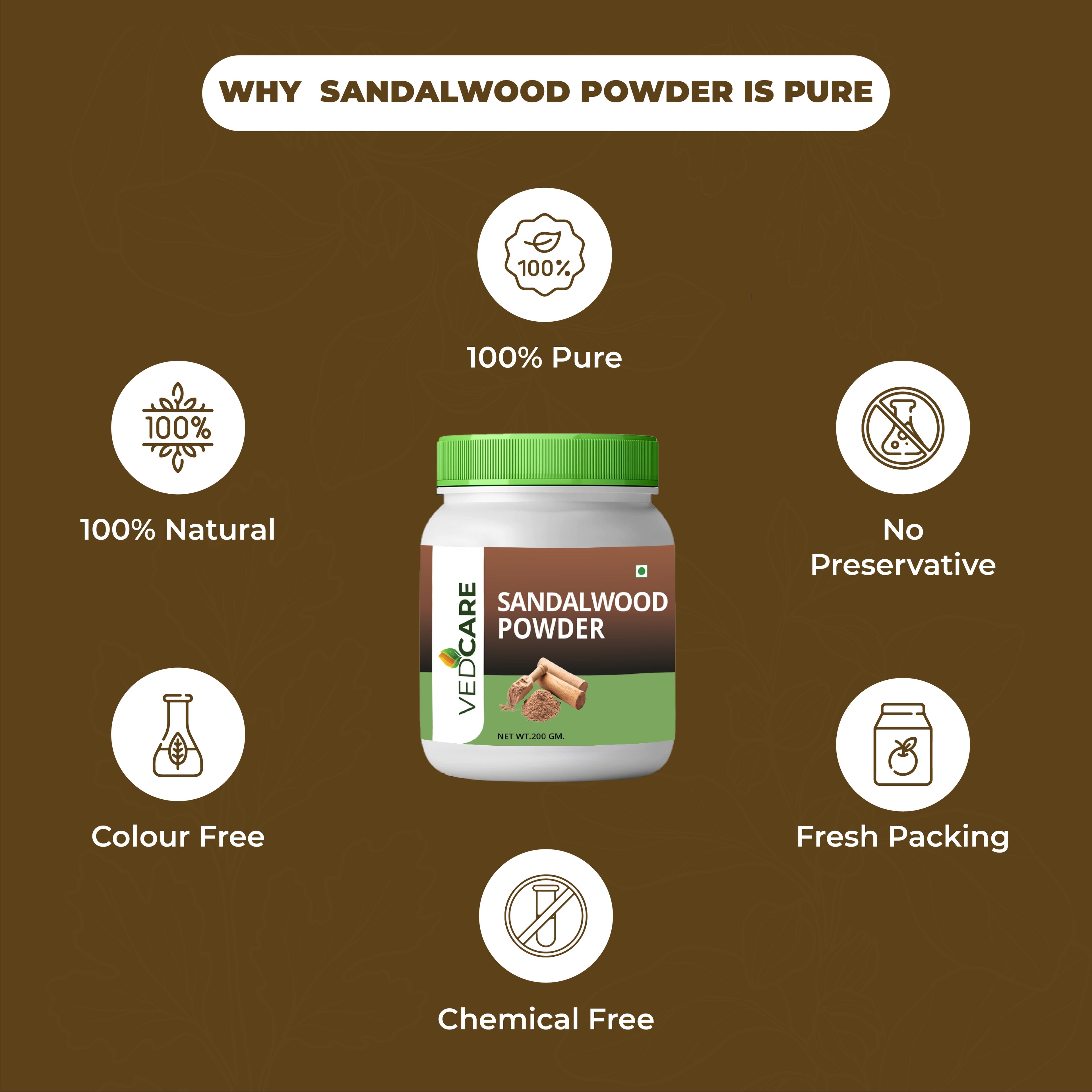 Vedacare Sandalwood Powder jar with health benefits on a brown background