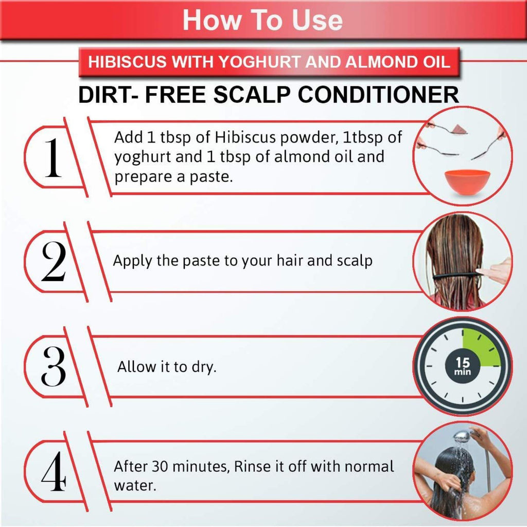 Instructions for using a dirt-free scalp conditioner with hibiscus, yogurt, and almond oil.