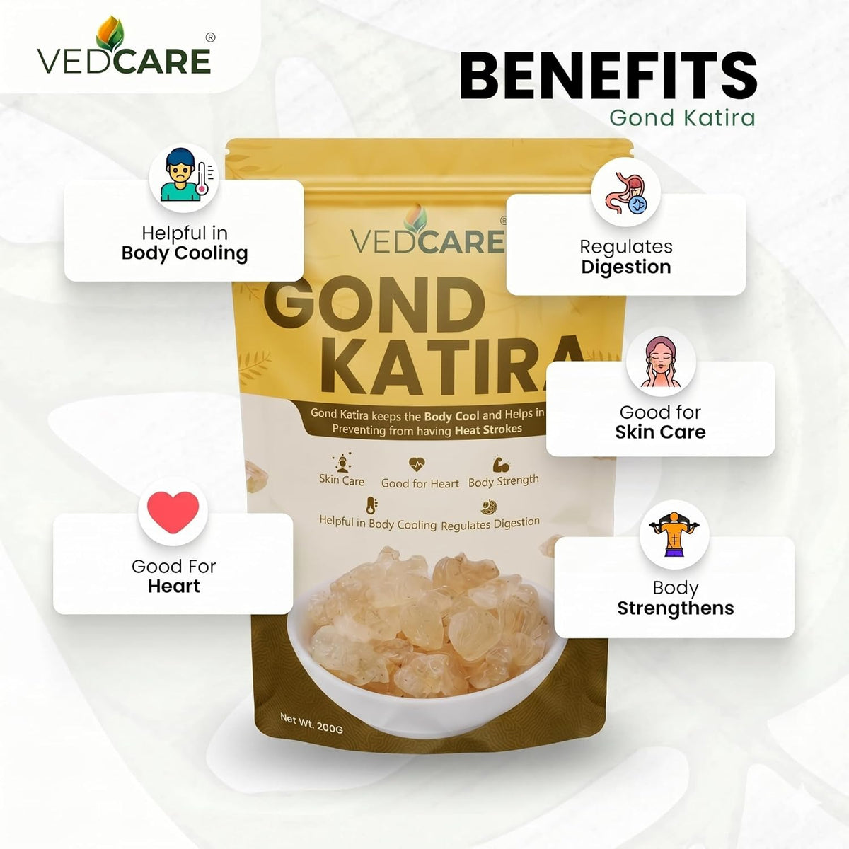 Vedcare Gond Katira (200g) + Basil Seeds (250g) Combo | Natural Body Cooler | Sabja Seeds for Falooda, Drinks | Summer Cooling Superfoods | Digestion & Hydration Support
