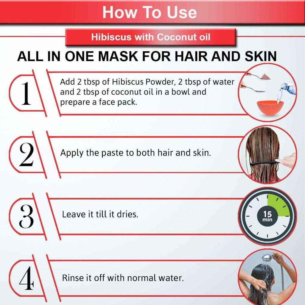 Instructions for using a hibiscus and coconut oil mask for hair and skin on a white background with red accents.