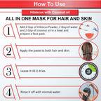 Instructions for using a hibiscus and coconut oil mask for hair and skin on a white background with red accents.