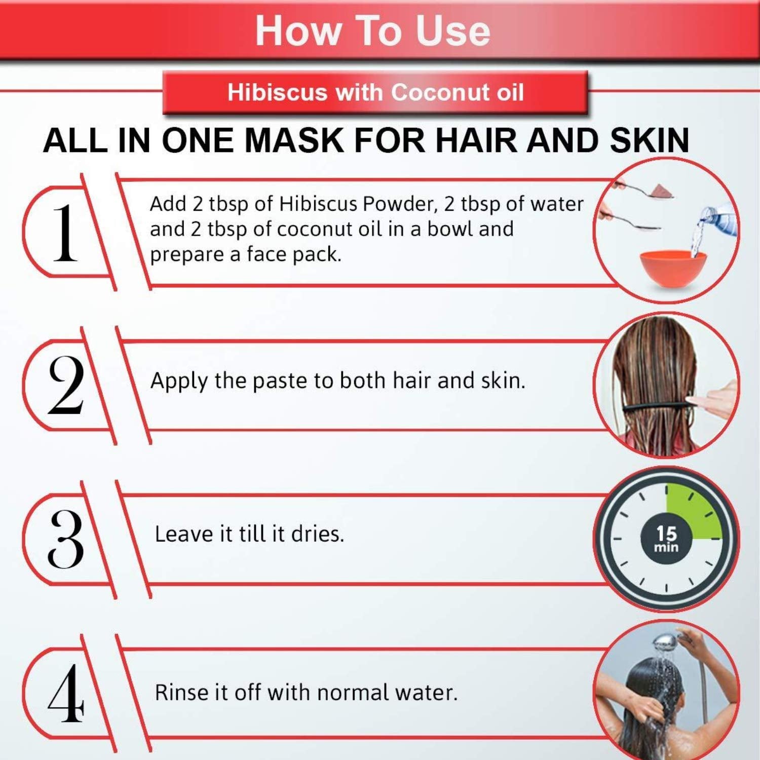 Instructions for using a hibiscus and coconut oil mask for hair and skin on a white background with red accents.