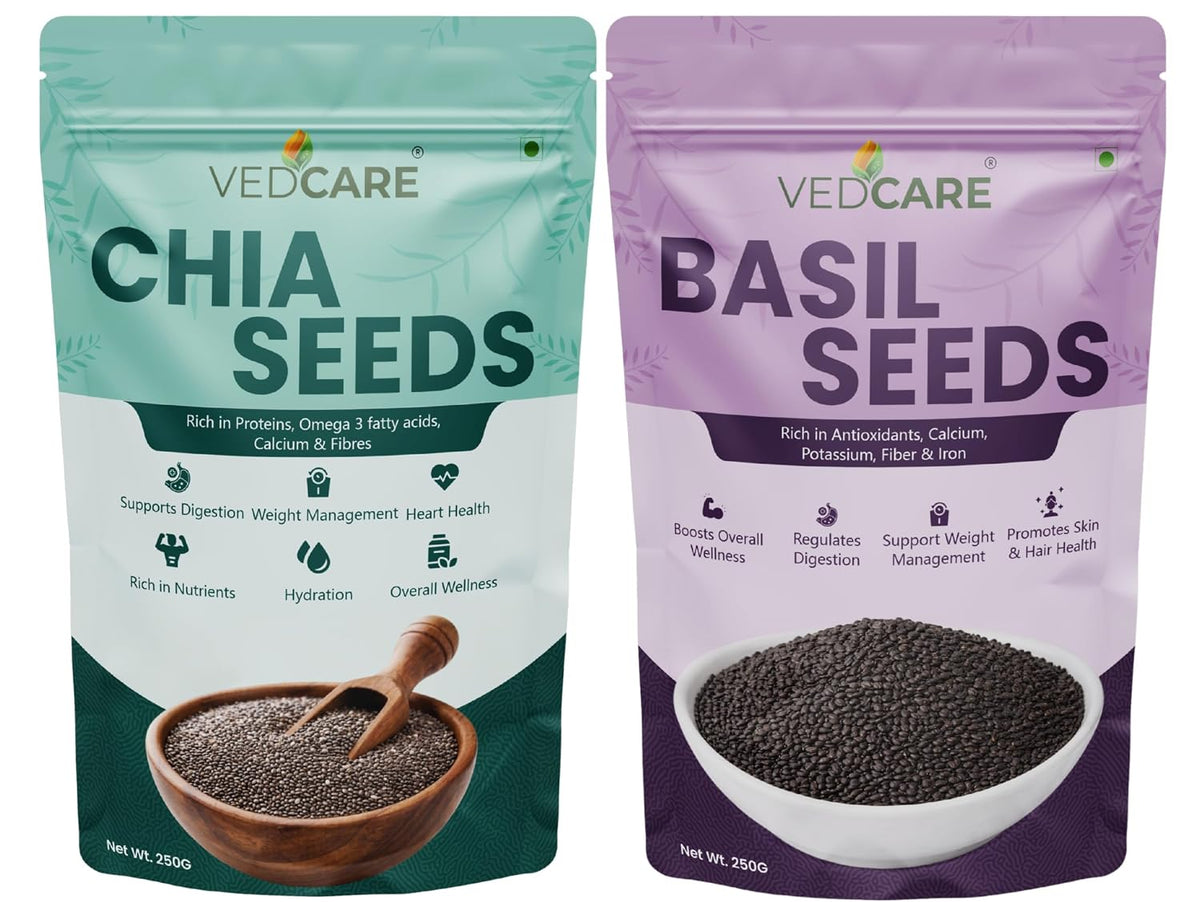 Vedcare Chia & Basil Seeds Combo For Weight Loss | Fiber Rich Superfoods Chia Seeds, Basil Seeds (2 x 250 g)