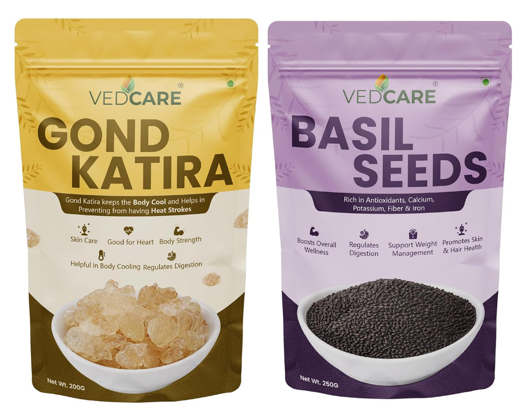 Vedcare Gond Katira (200g) + Basil Seeds (250g) Combo | Natural Body Cooler | Sabja Seeds for Falooda, Drinks | Summer Cooling Superfoods | Digestion & Hydration Support