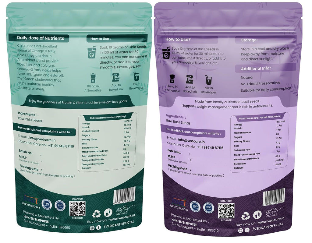 Vedcare Chia & Basil Seeds Combo For Weight Loss | Fiber Rich Superfoods Chia Seeds, Basil Seeds (2 x 250 g)
