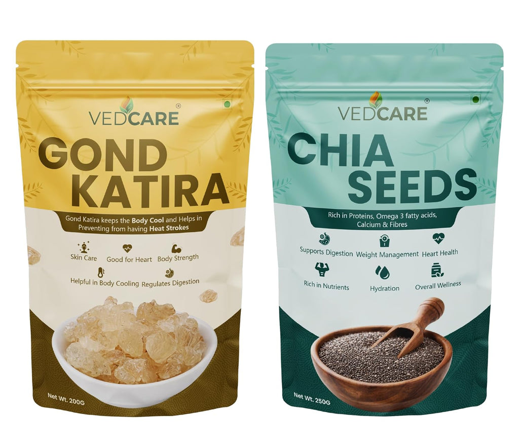 Gond Katira (200g) + Chia Seeds (250g) Combo | Natural Summer Body Cooler | Sabja Seeds for Weight Loss, Digestion & Hydration | Falooda & Detox Drink Mix