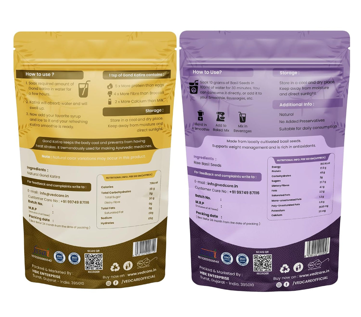 Vedcare Gond Katira (200g) + Basil Seeds (250g) Combo | Natural Body Cooler | Sabja Seeds for Falooda, Drinks | Summer Cooling Superfoods | Digestion & Hydration Support