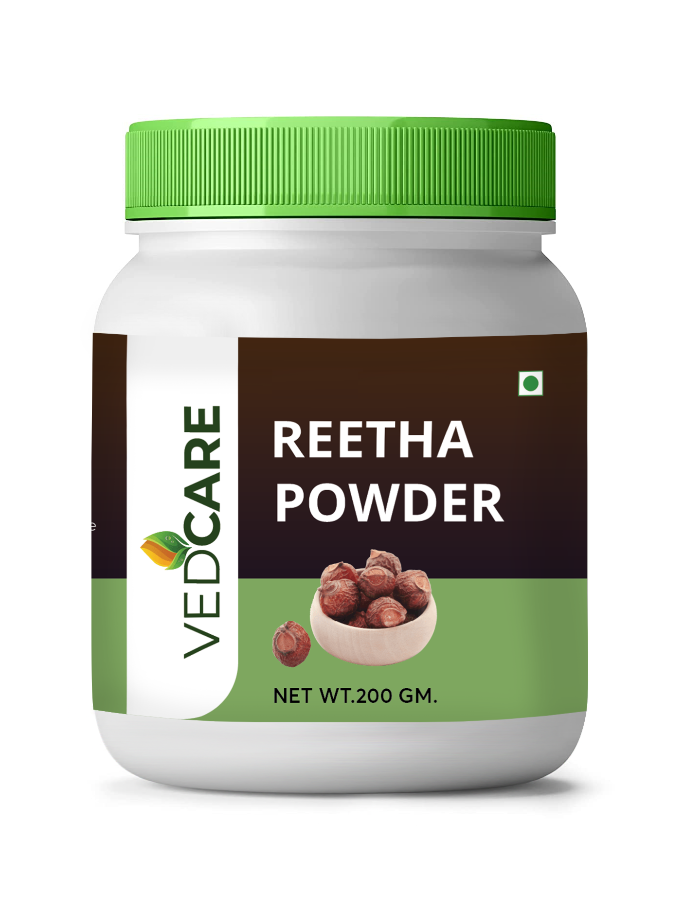 Vedcare Reetha Powder container with green lid on a white background