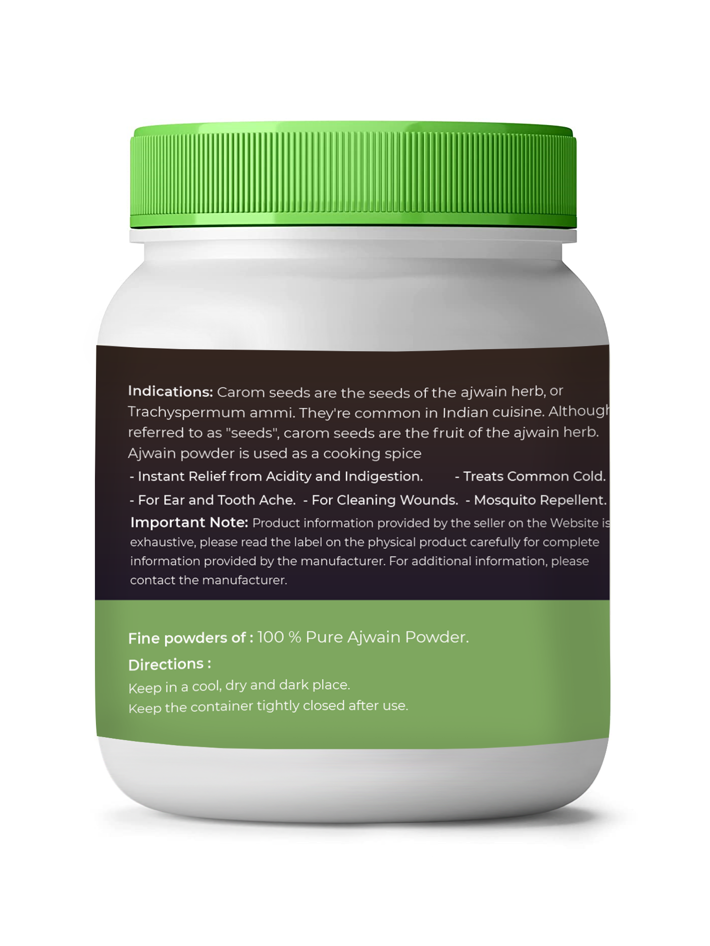 Container of Ajwain powder with green lid and label on a white background