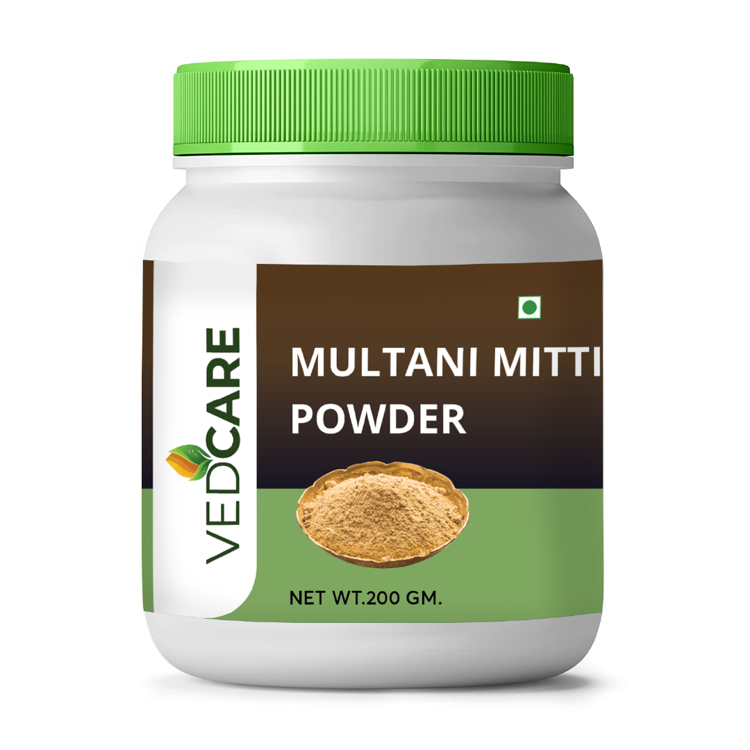 Vedcare Multani Mitti Powder container with green lid on a white background
