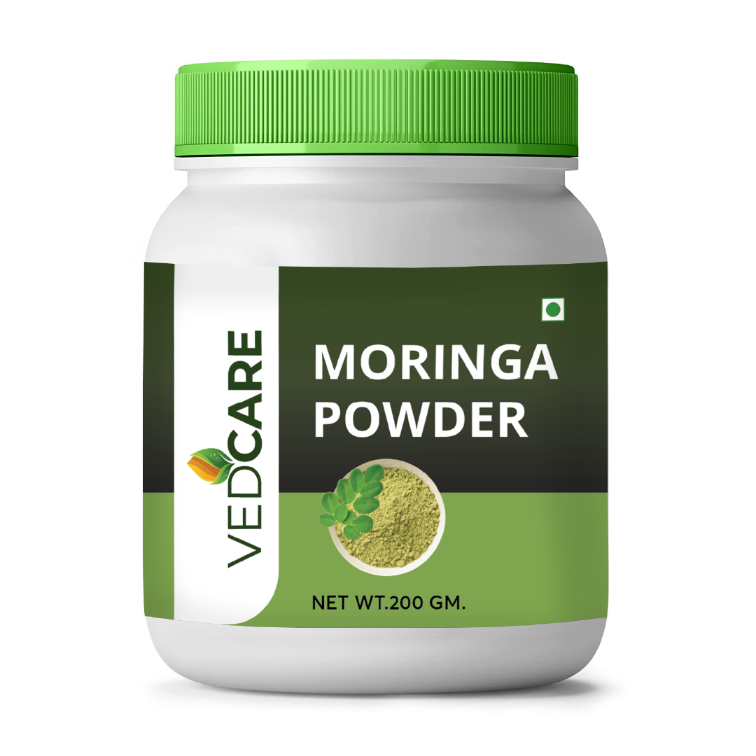 Vedcare Moringa Powder container with green lid on a white background