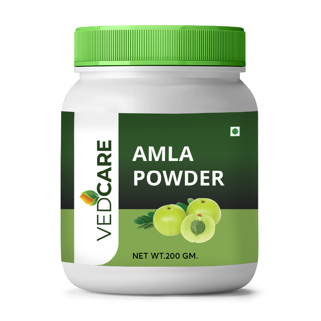 Vedcare Amla Powder container with green lid and label on a white background