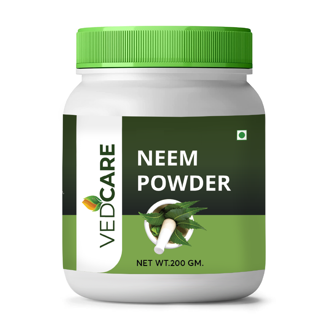 Vedcare Neem Powder container with green lid on a white background