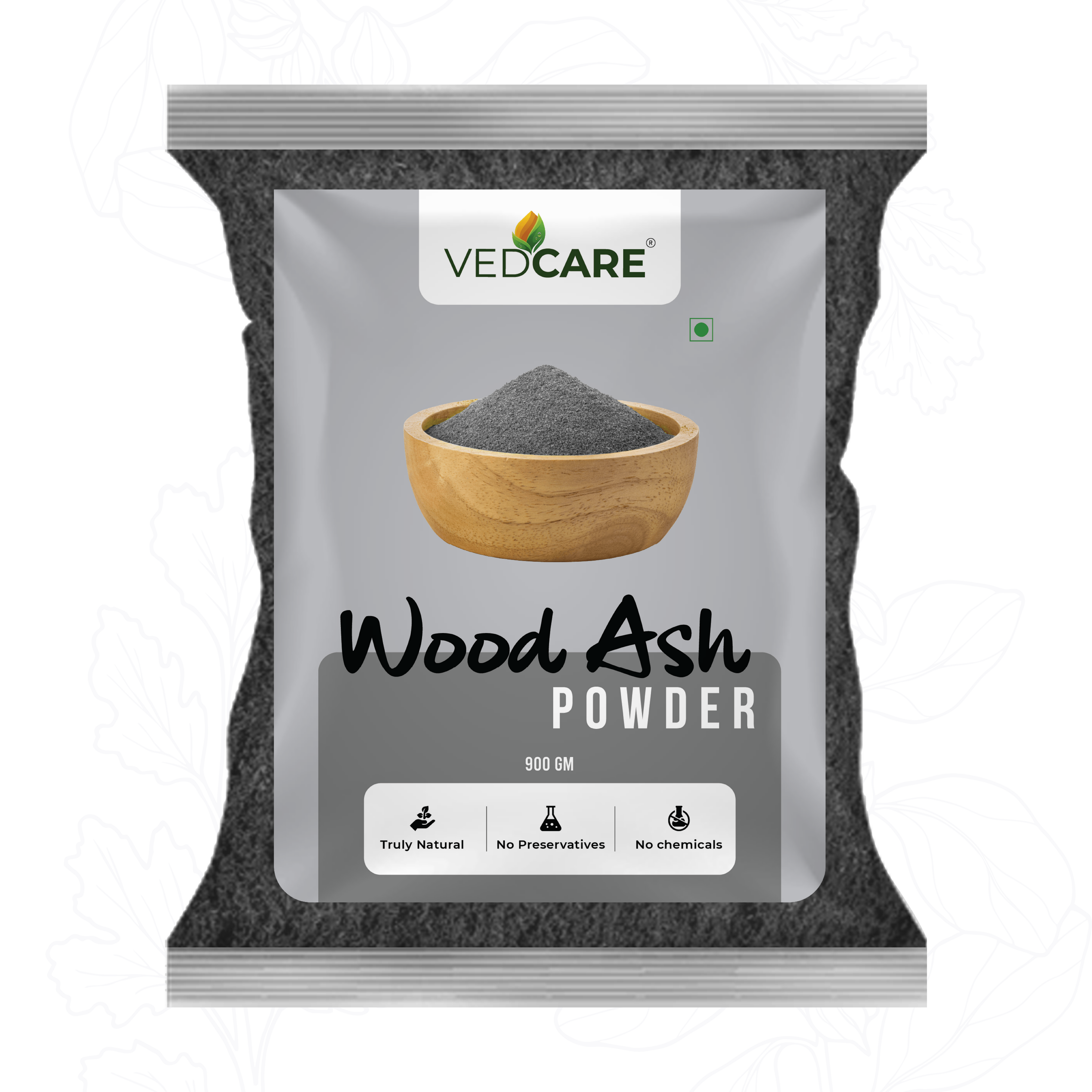 Vedcare Wood Ash Powder packaging on a white background