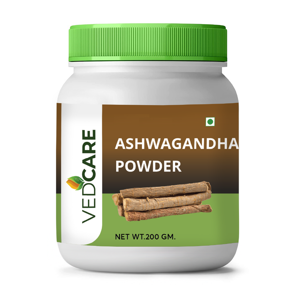 Vedcare Ashwagandha Powder container with green lid on a white background