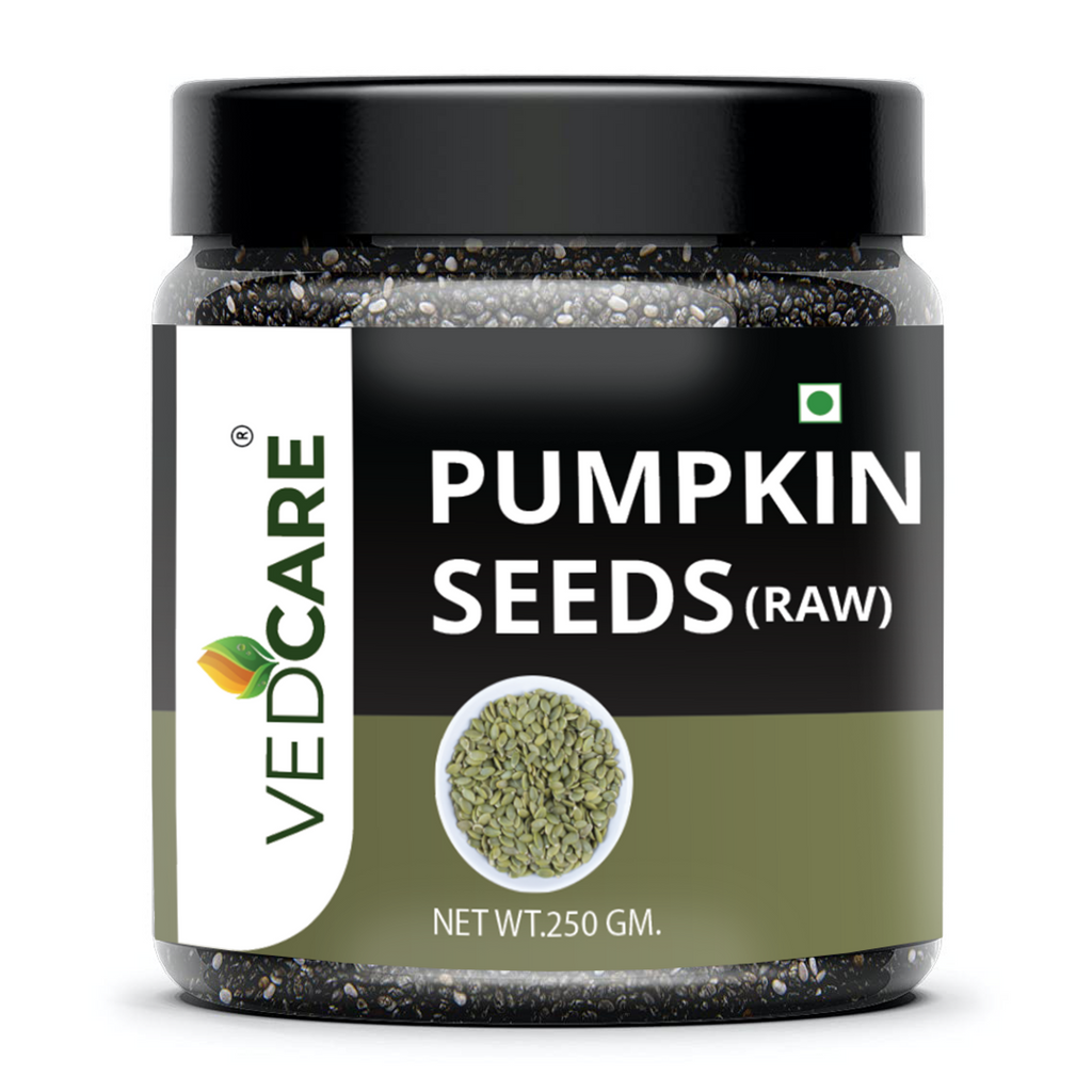 Jar of Vedcare raw pumpkin seeds on a white background
