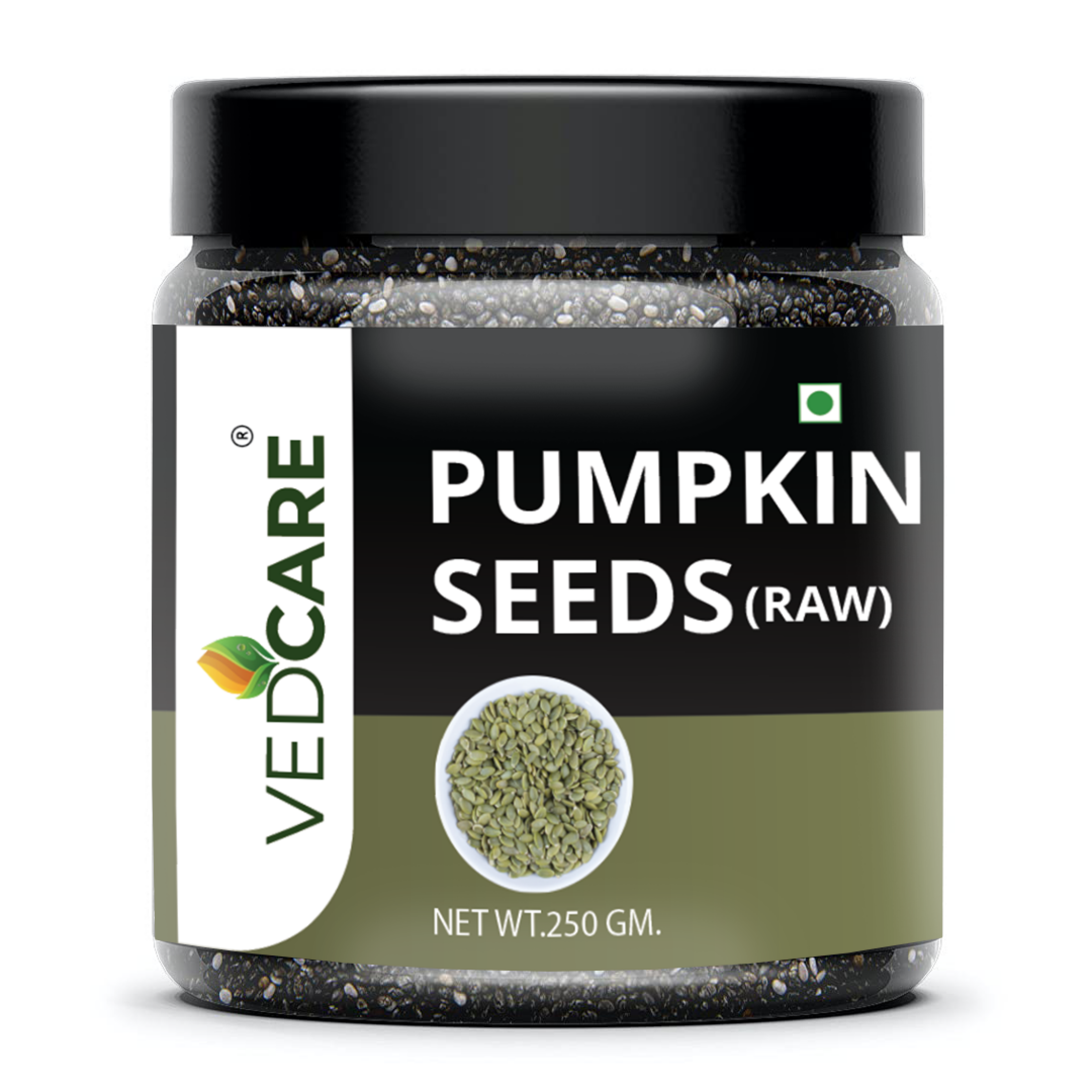Jar of Vedcare raw pumpkin seeds on a white background
