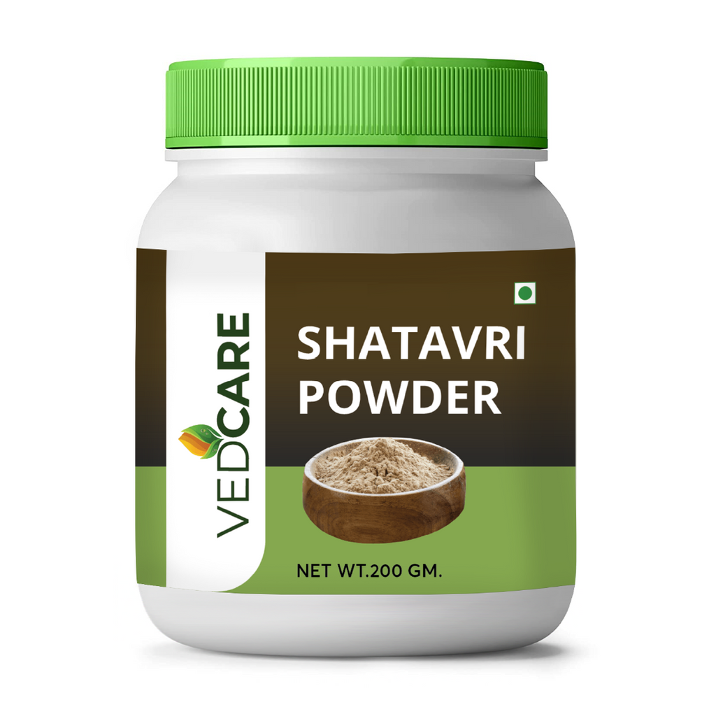 Vedcare Shatavari Powder container with green lid on a white background