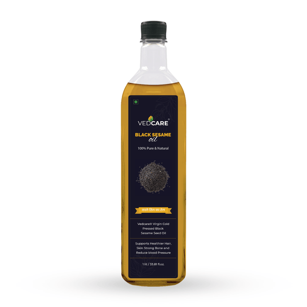 Bottle of VedCare Black Sesame oil on a white background