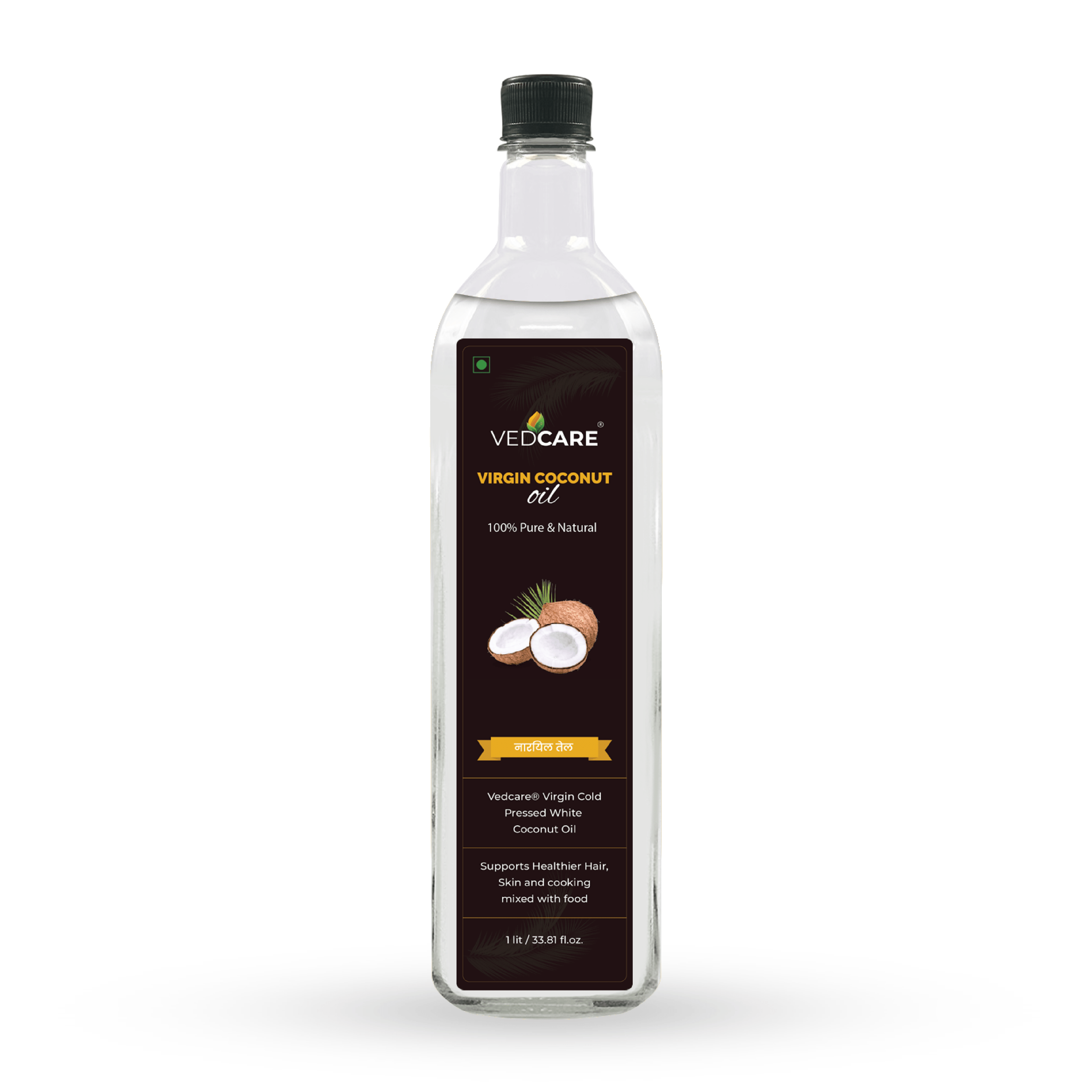 Bottle of VedCare Virgin Coconut Oil on a white background