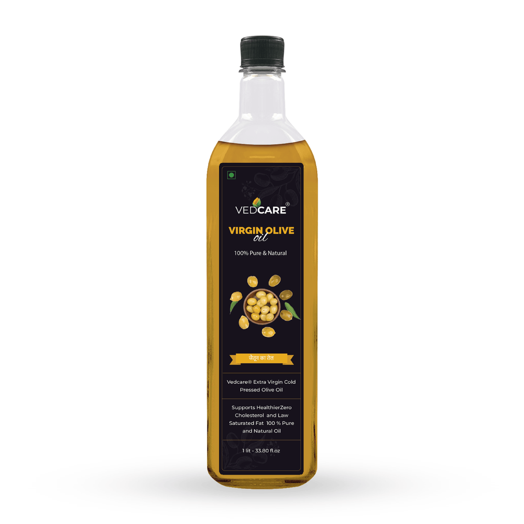 Bottle of Vedicare Virgin Olive Oil on a white background