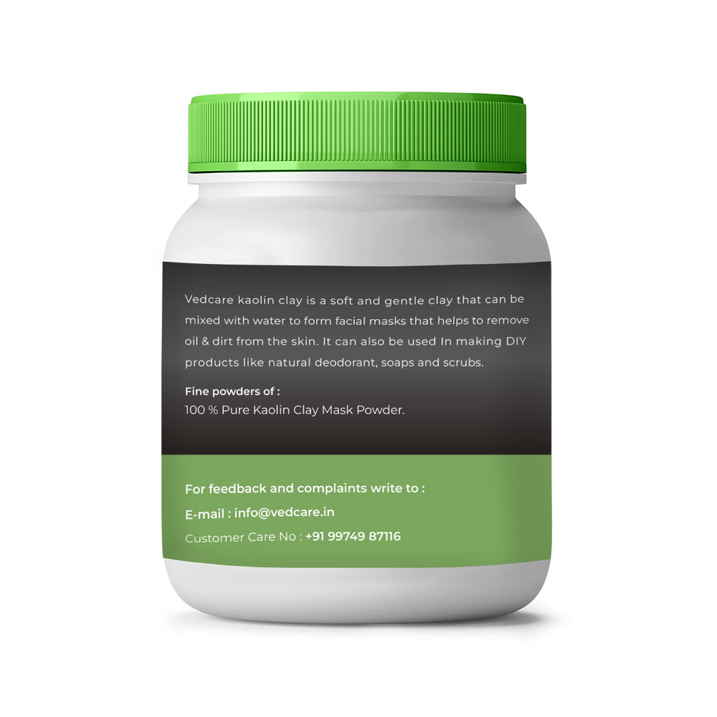 Vedcare kaolin clay powder container with green lid and label on a white background