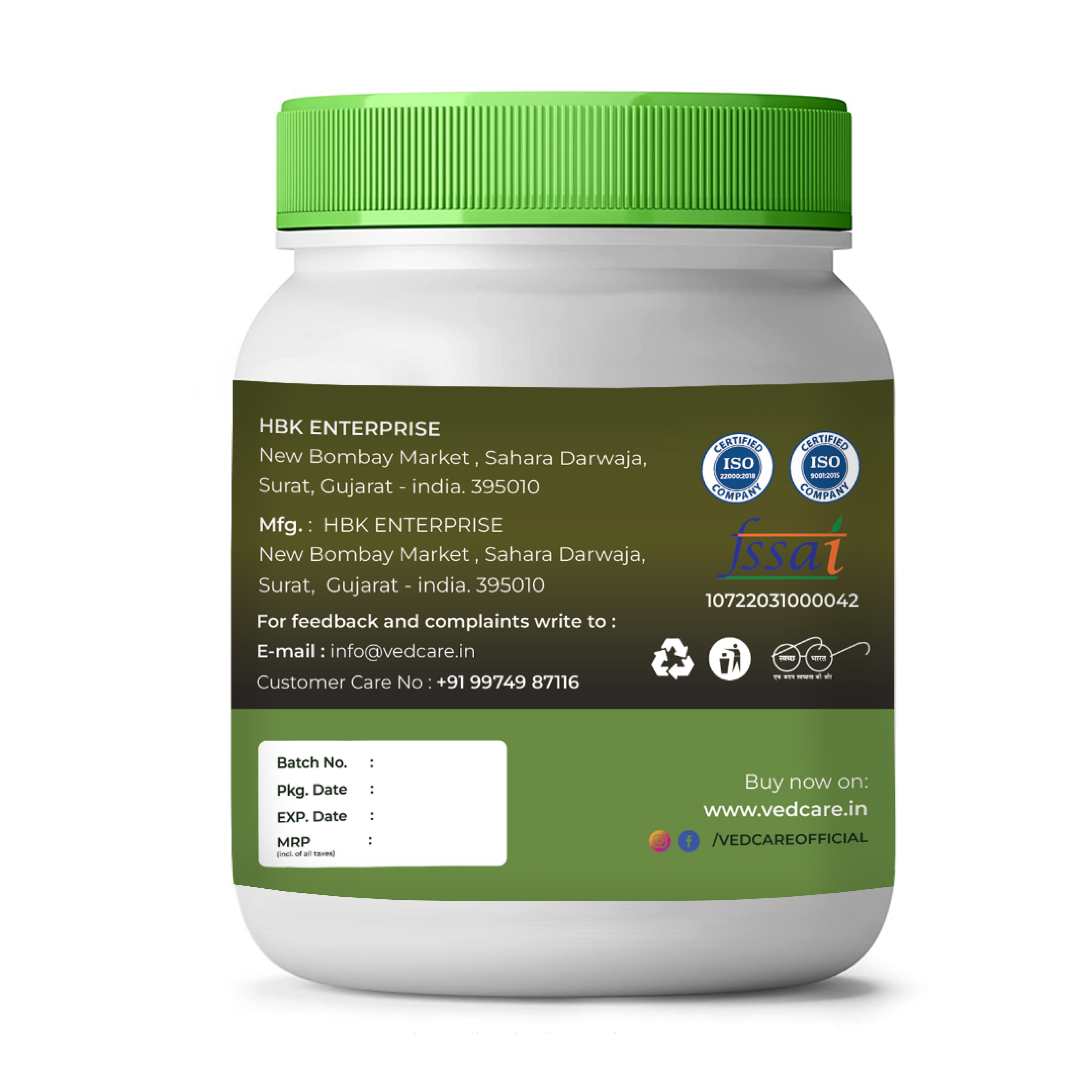 Vedcare supplement jar with green lid and label on a white background