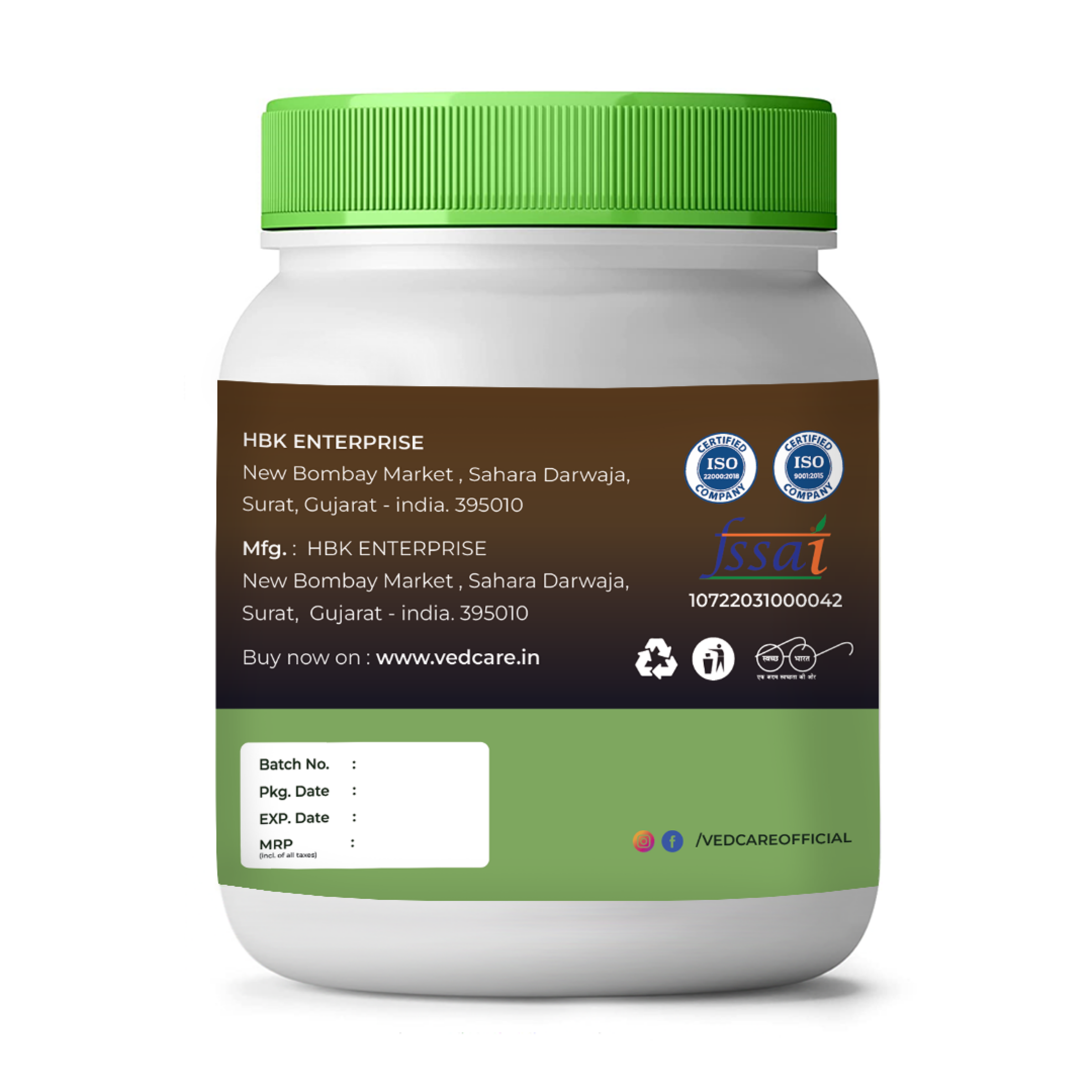 Container with green lid and label on a white background