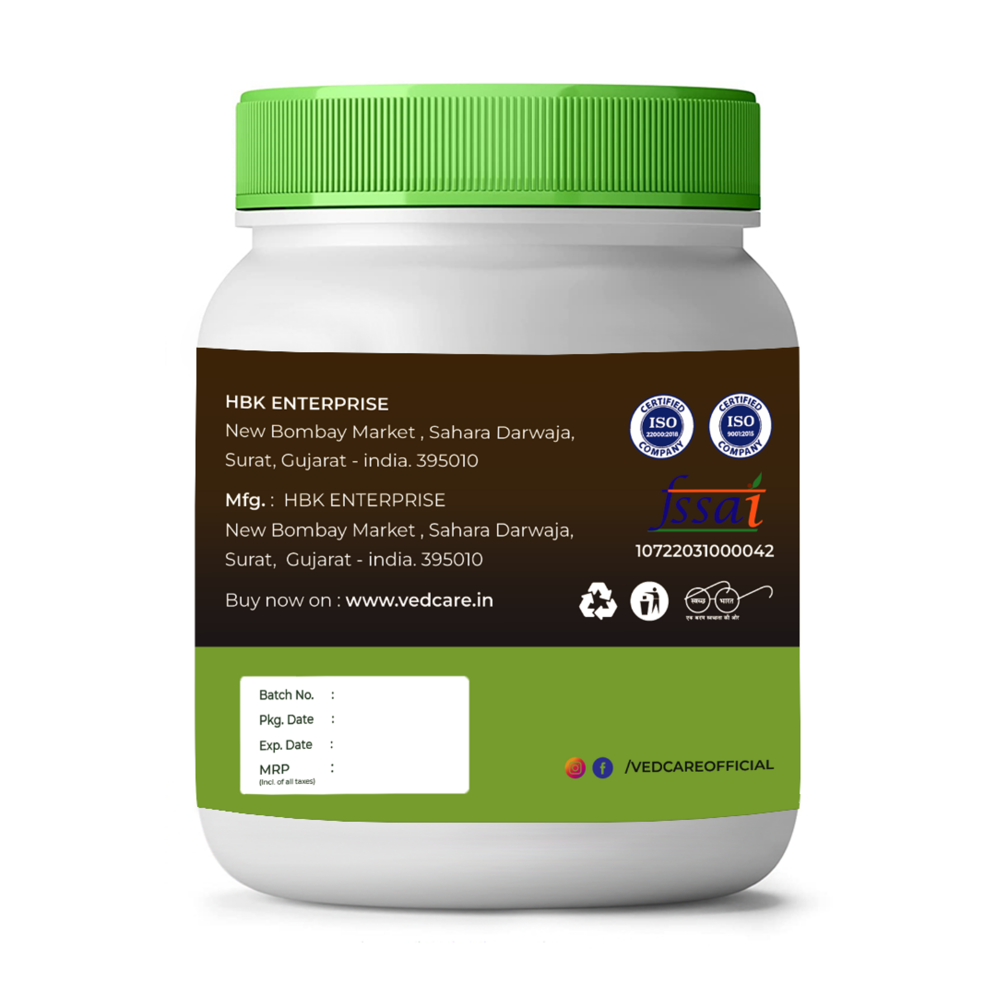 Vedcare supplement jar with green lid and label on a white background
