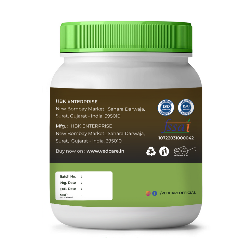 Vedcare supplement container with green lid and label on a white background