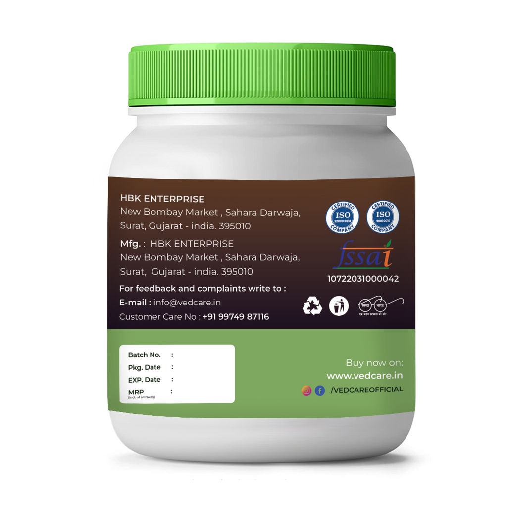 Vedcare supplement jar with green lid and label on a white background