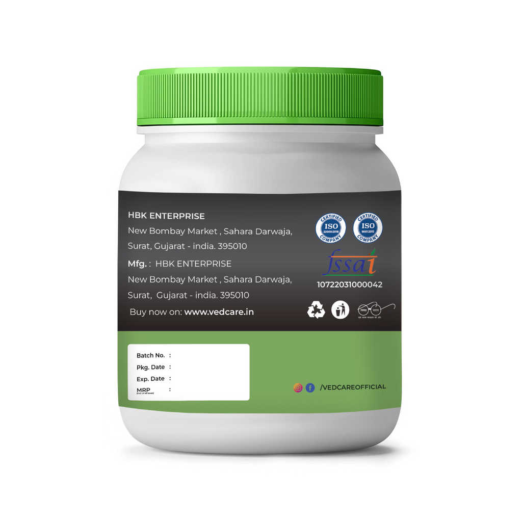 Vedcare supplement container with green lid and label on a white background