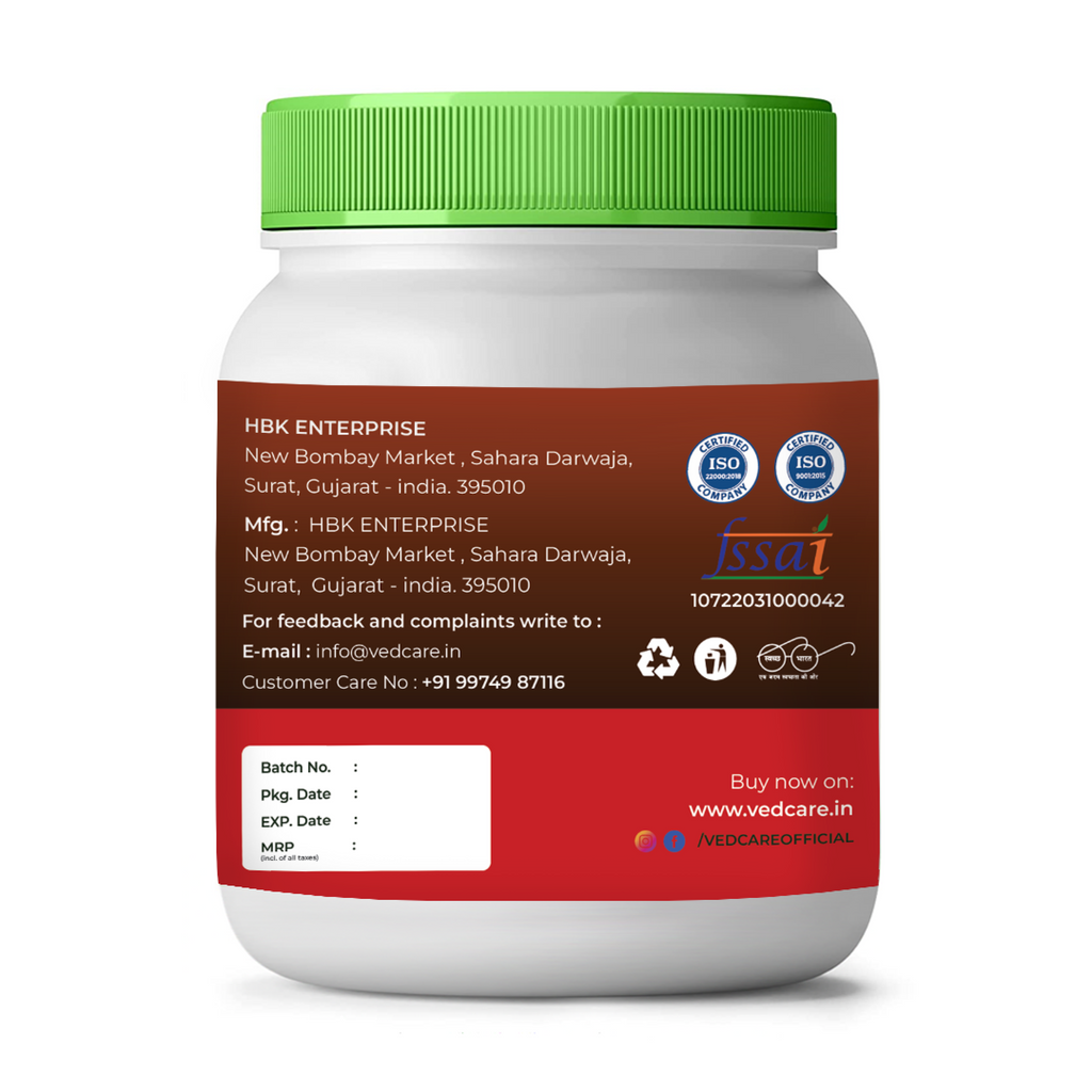 Vedcare supplement jar with green lid on a white background