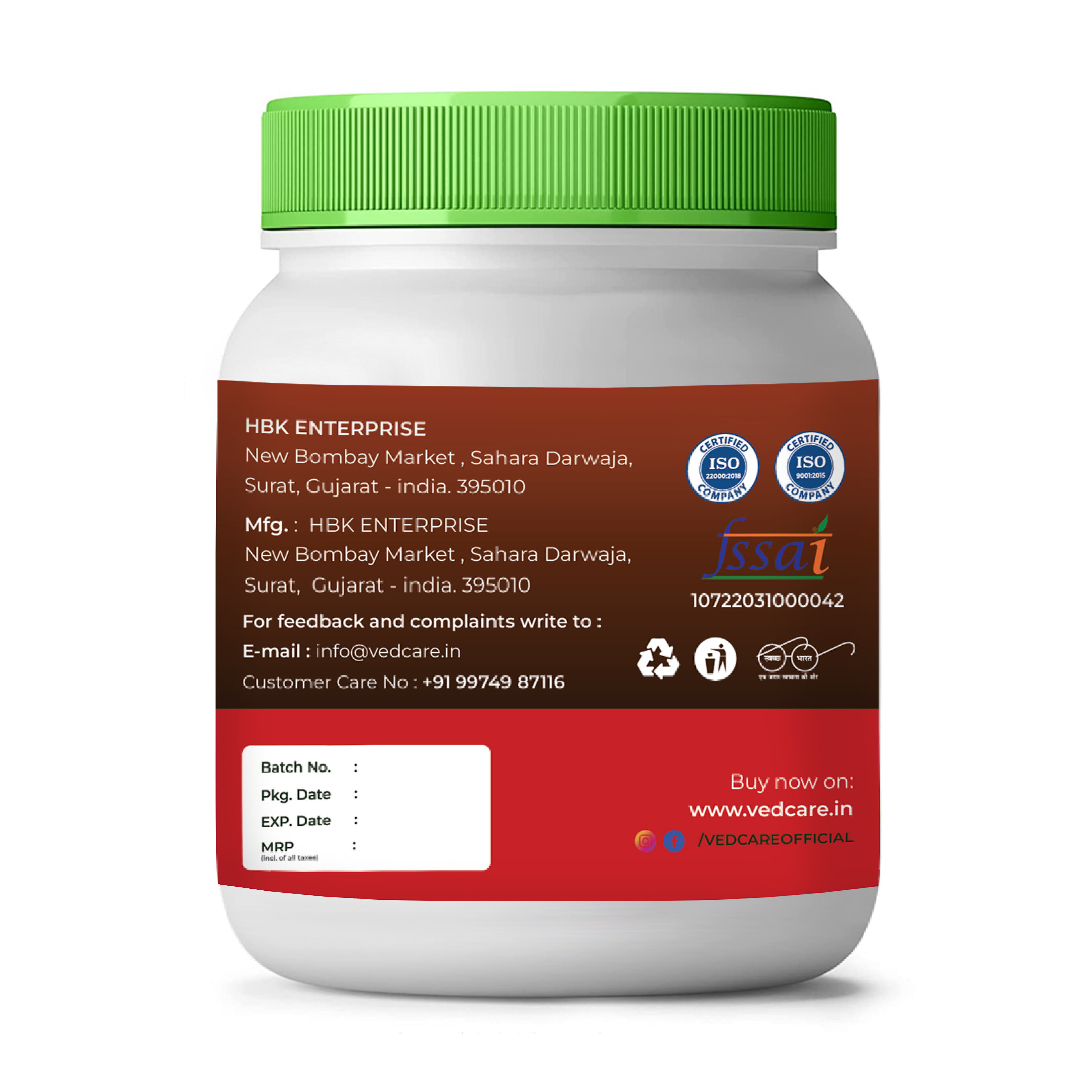 Vedcare supplement jar with green lid on a white background