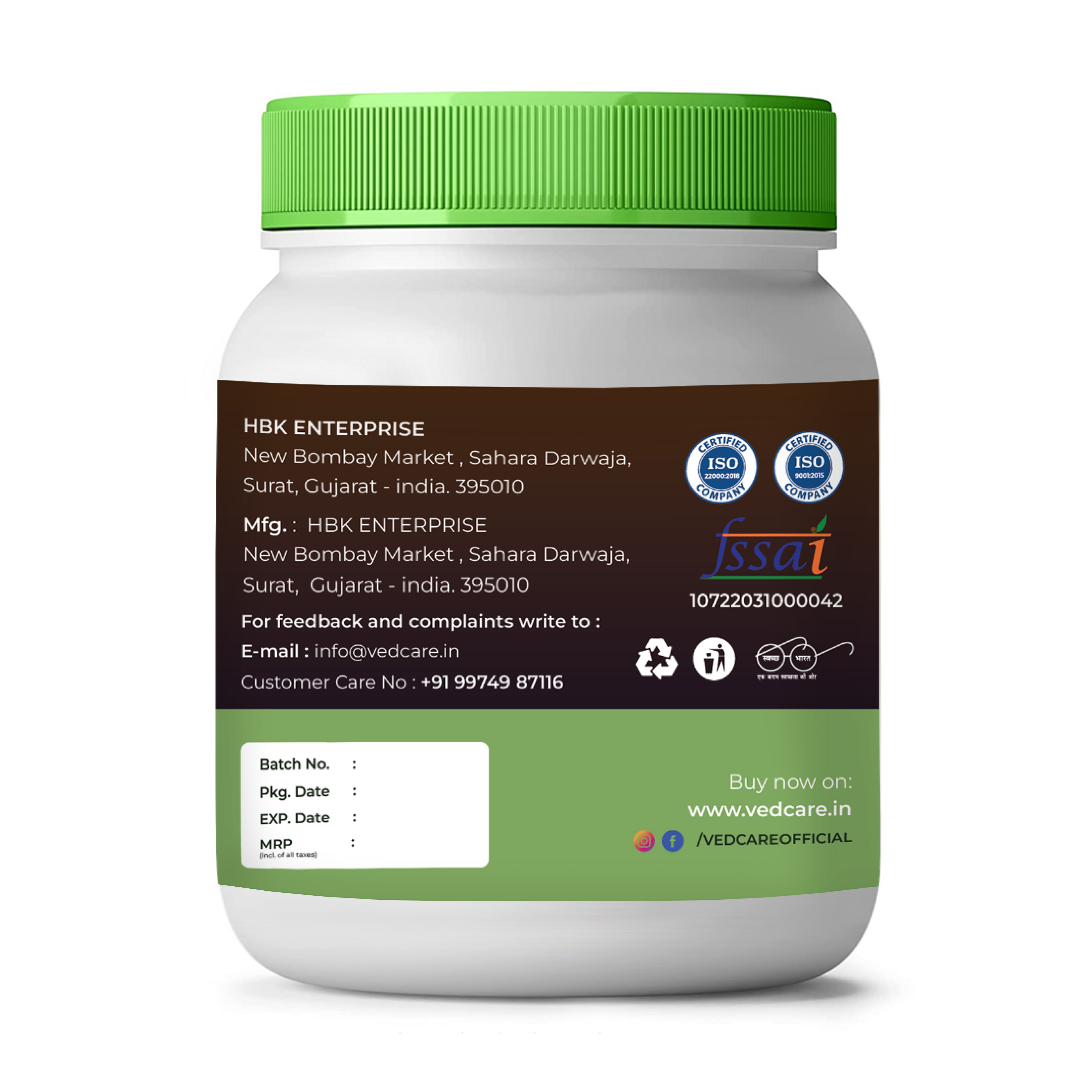 Container with green lid and label on a white background