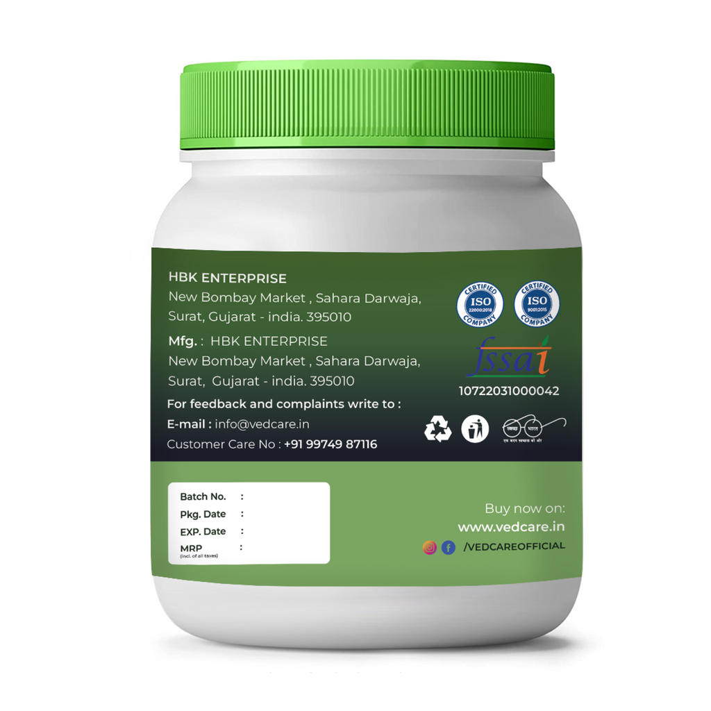 Vedcare supplement jar with green lid and label on a white background
