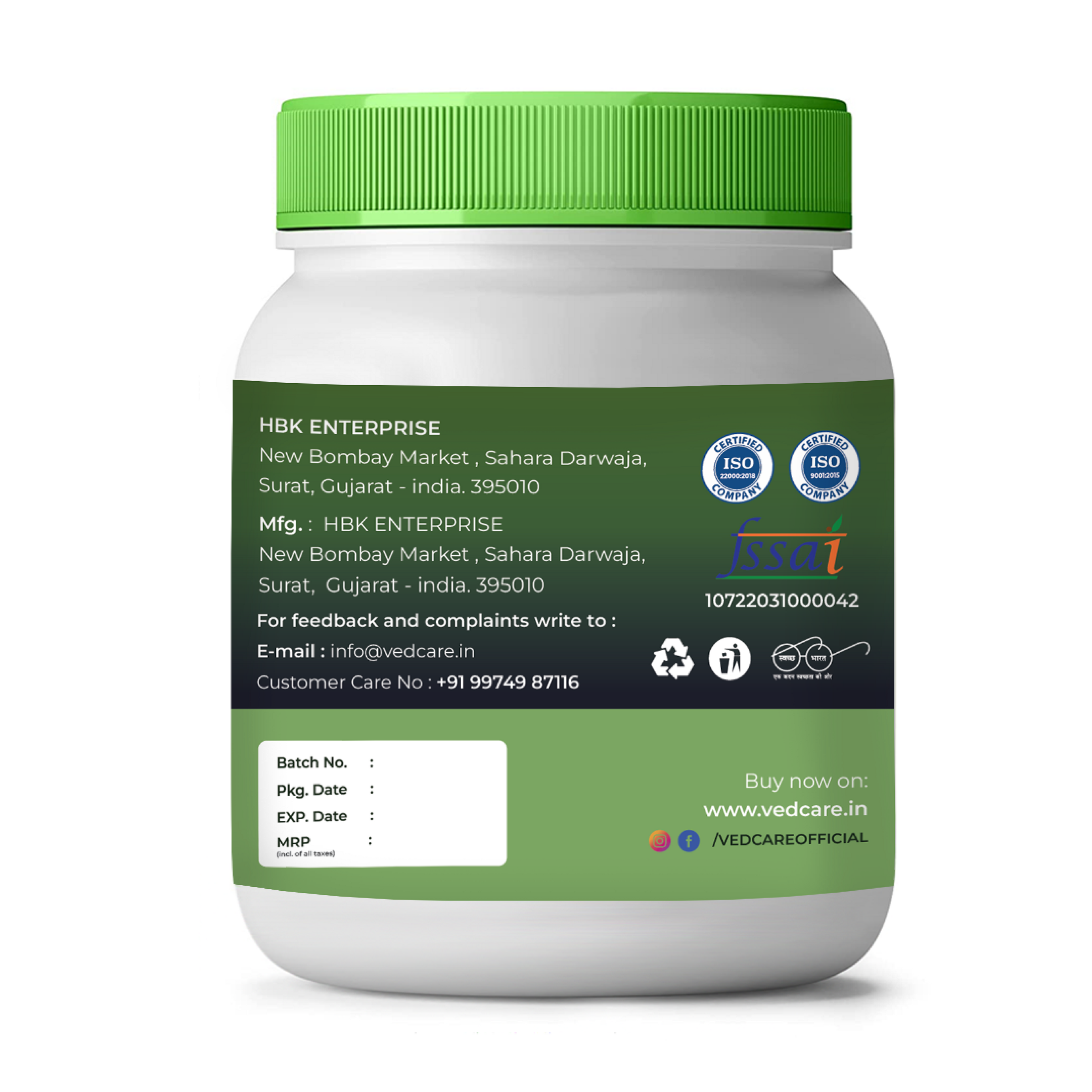 Vedcare supplement jar with green lid and label on a white background