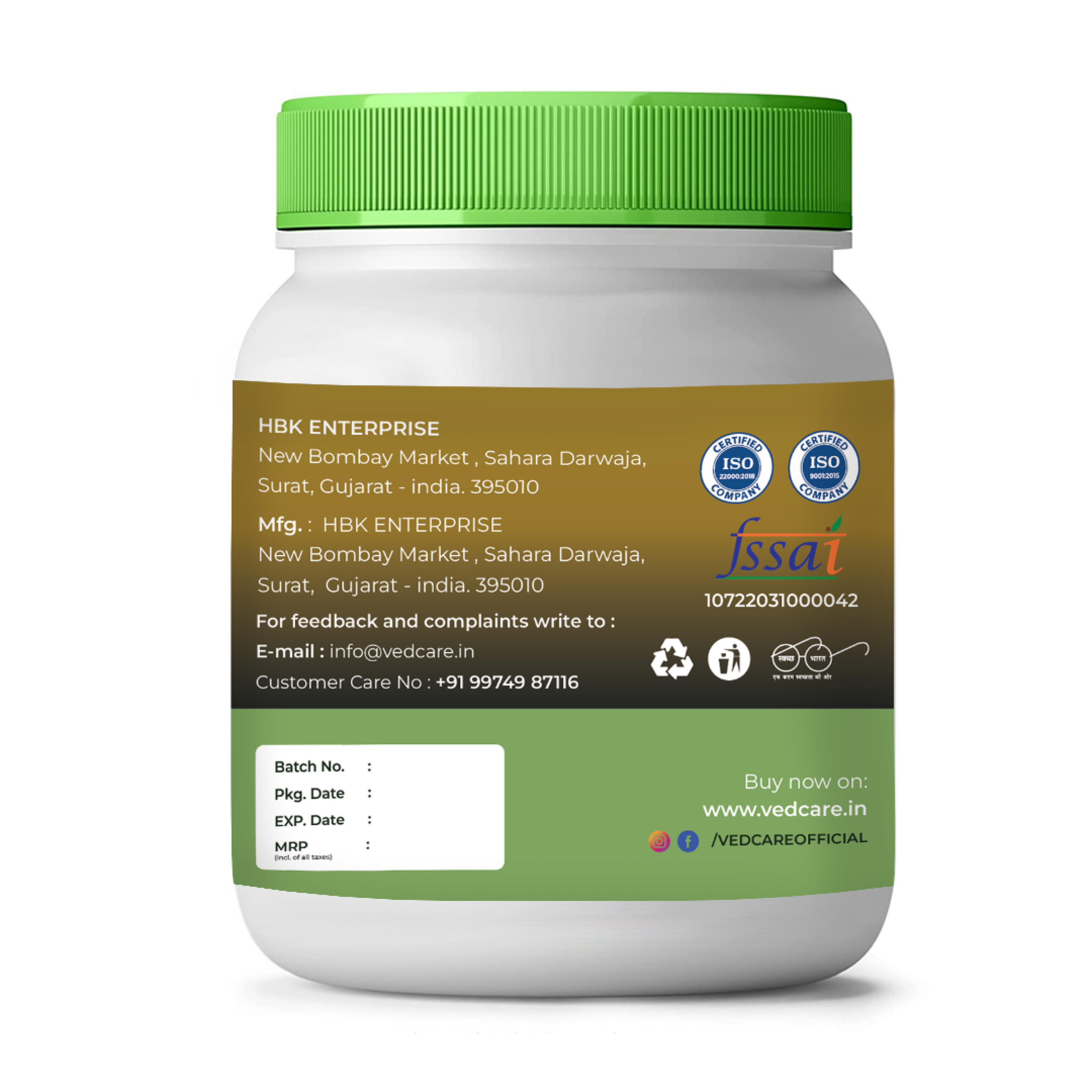 Vedcare supplement jar with green lid and label on a white background