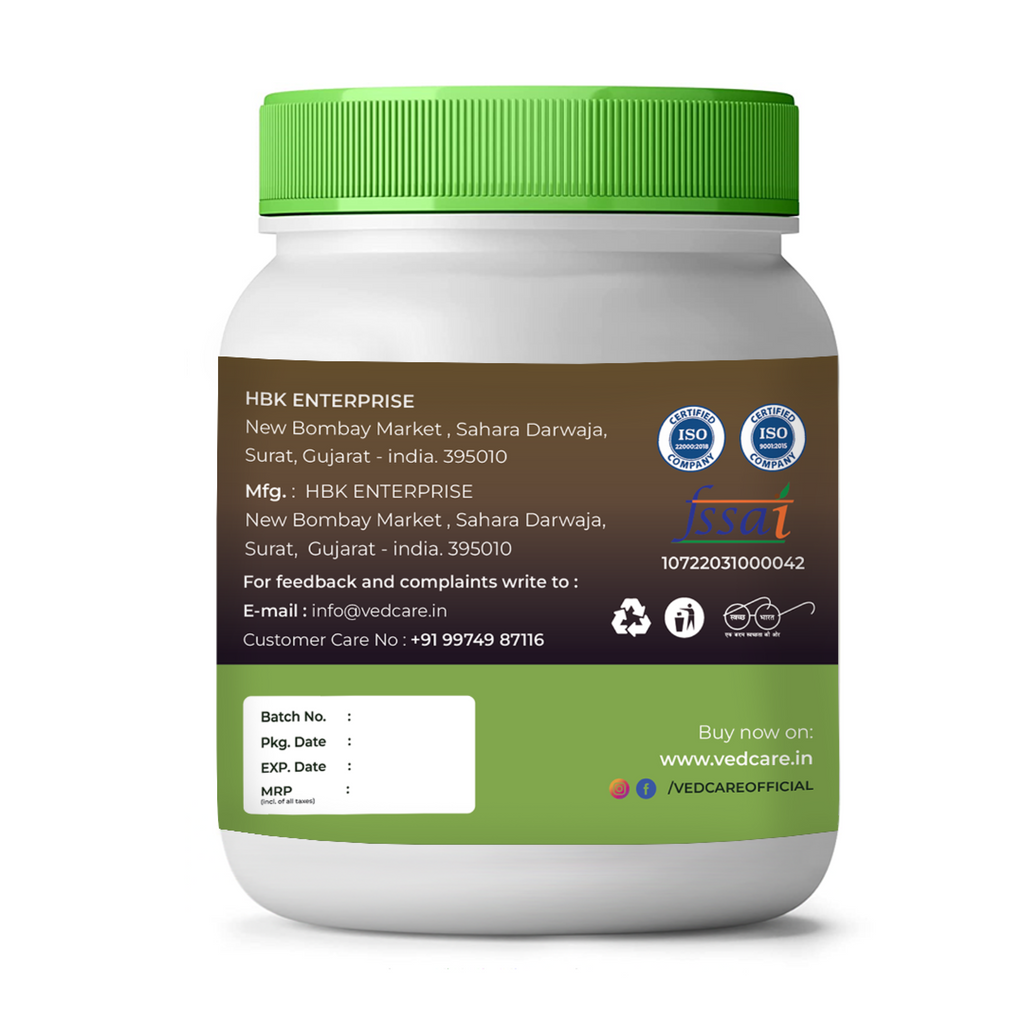 Vedcare supplement jar with green lid and label on a white background