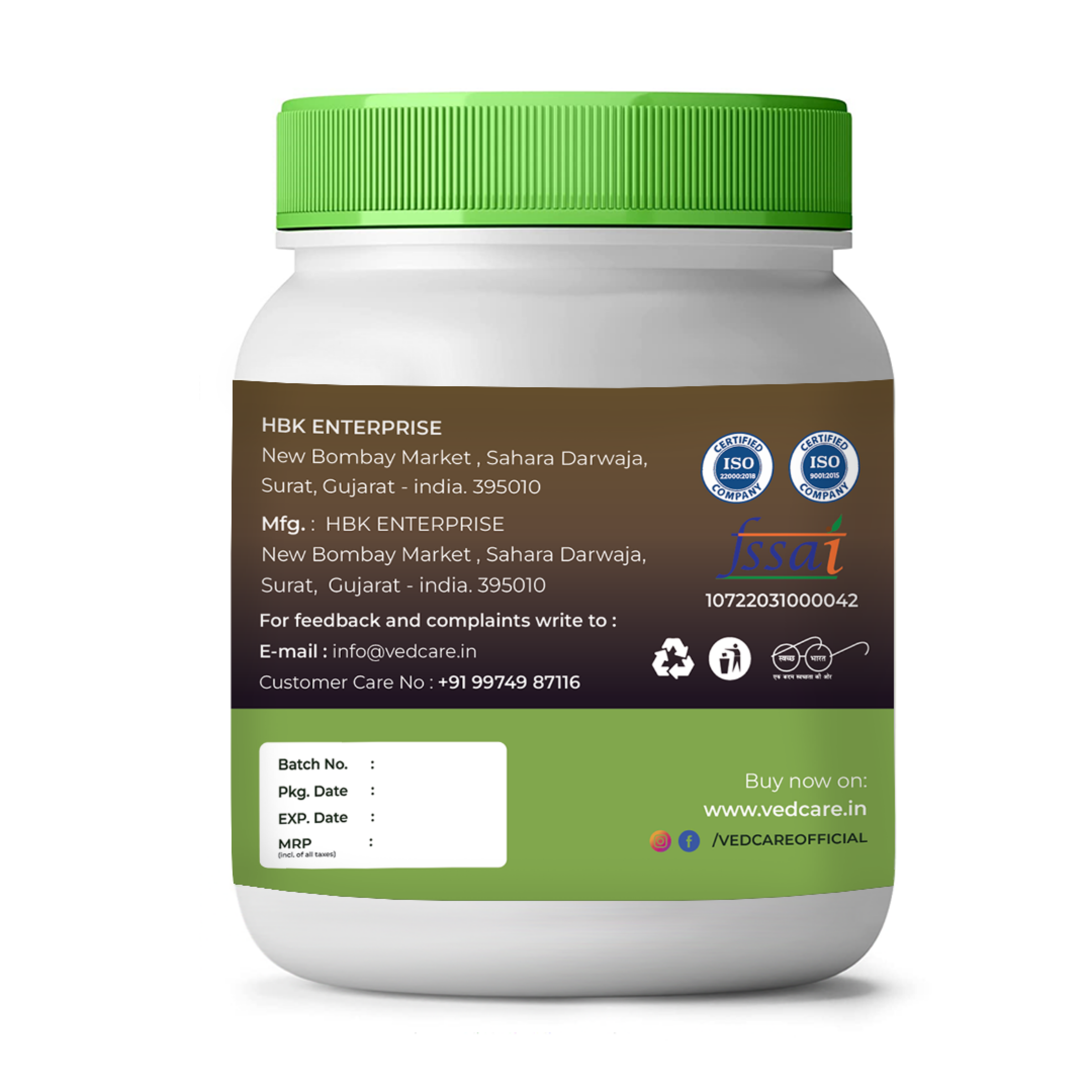 Vedcare supplement jar with green lid and label on a white background