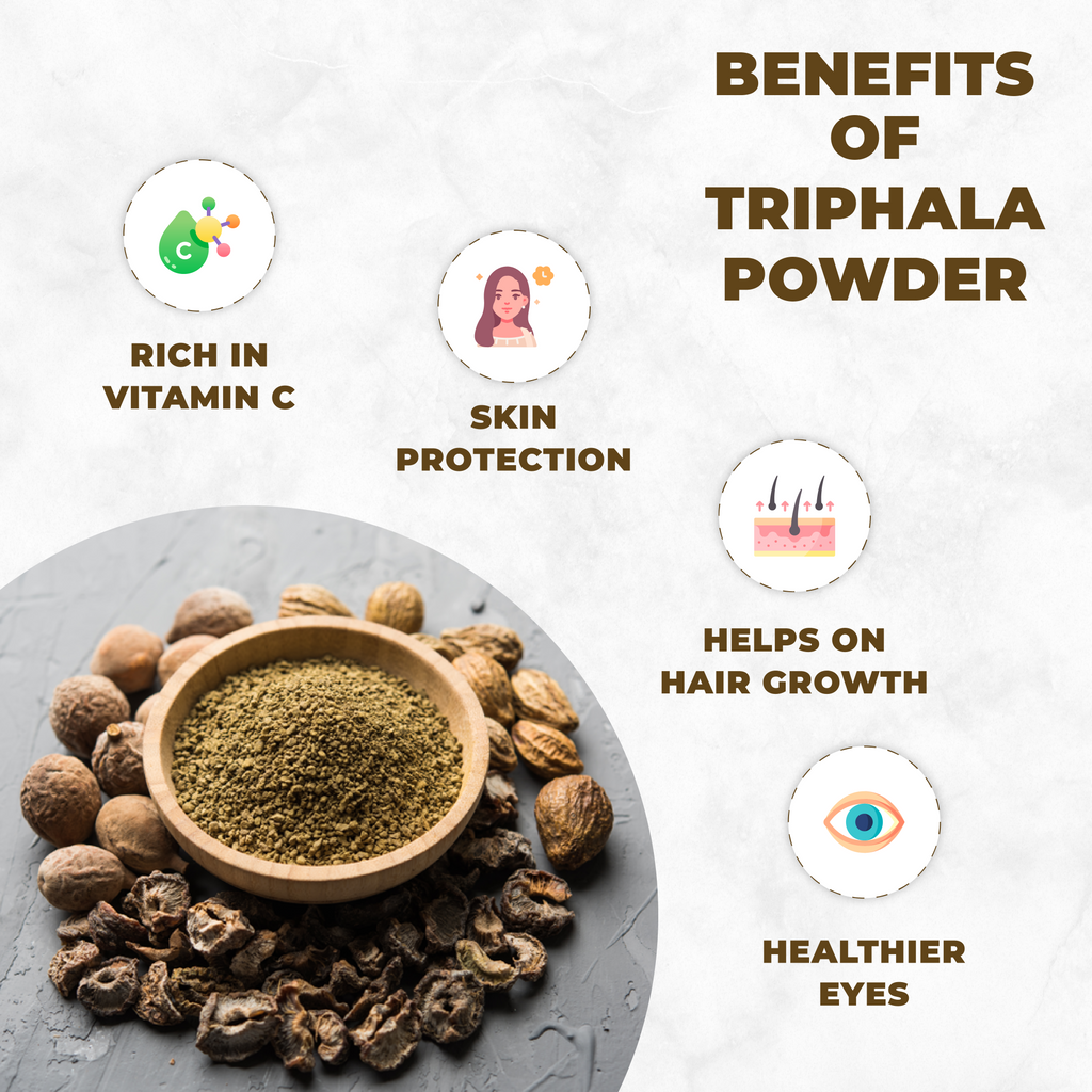 Triphala powder with benefits listed on a light gray background