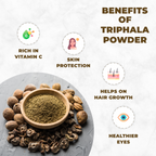 Triphala powder with benefits listed on a light gray background
