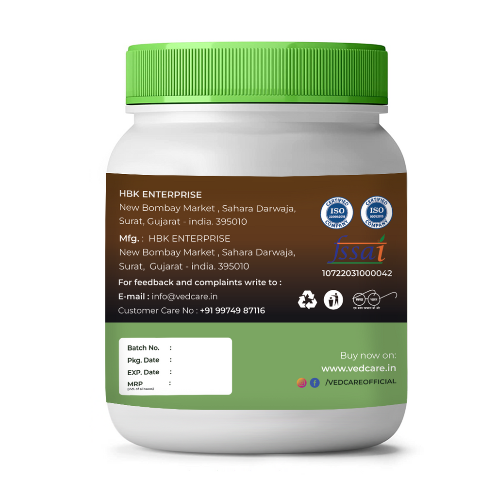 Vedcare supplement jar with green lid and label on a white background
